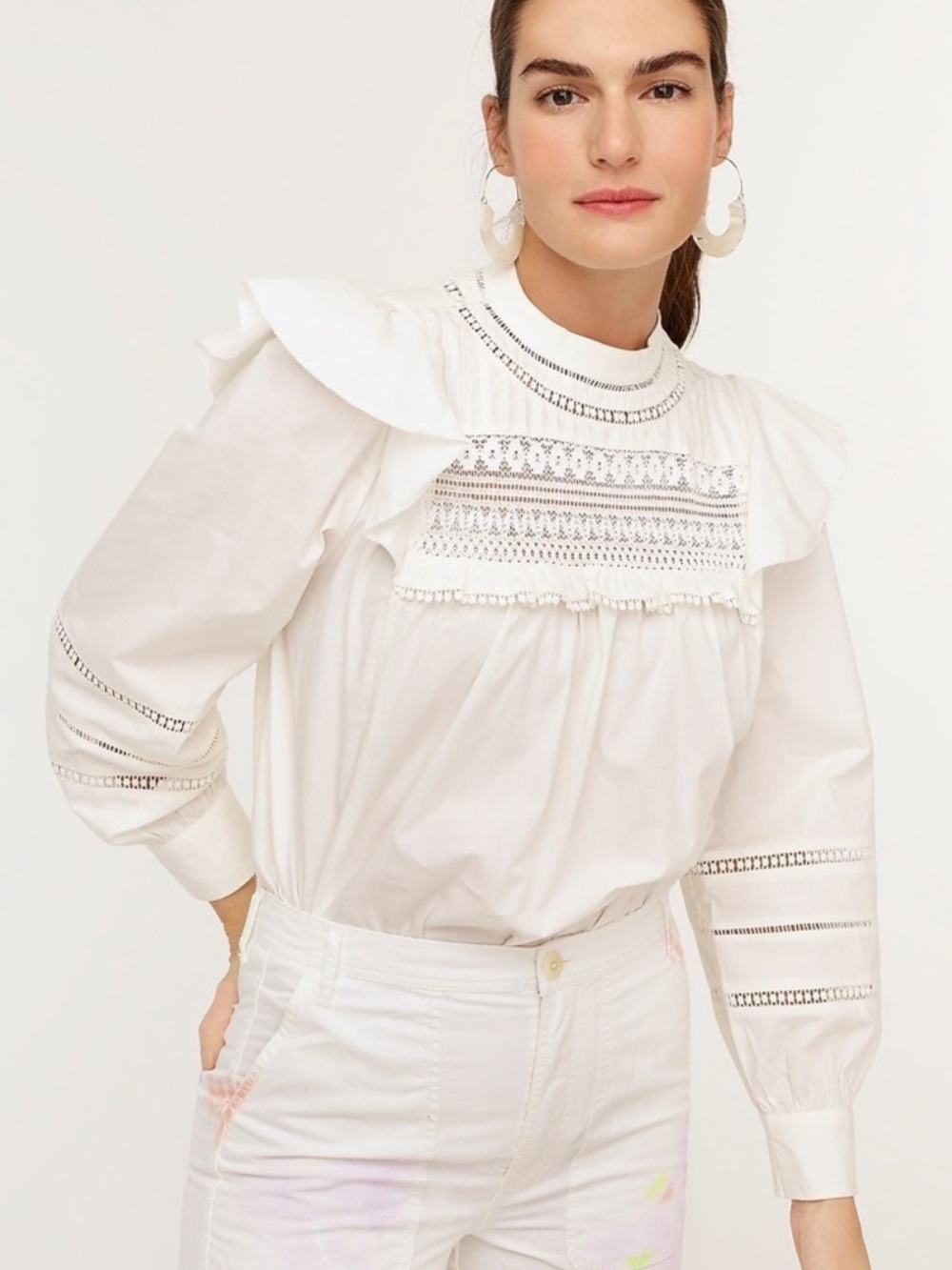 J.Crew Crocheted Lace Ruffle Long Sleeve Top in Ivory Size Small